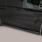 Load image into Gallery viewer, A black side view of a minivan with black running boards installed along the side, photographed against a neutral light gray studio background.