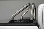 Load image into Gallery viewer, Chrome truck bed roll bar system with 'UpStoneEvolve' branding on a truck.