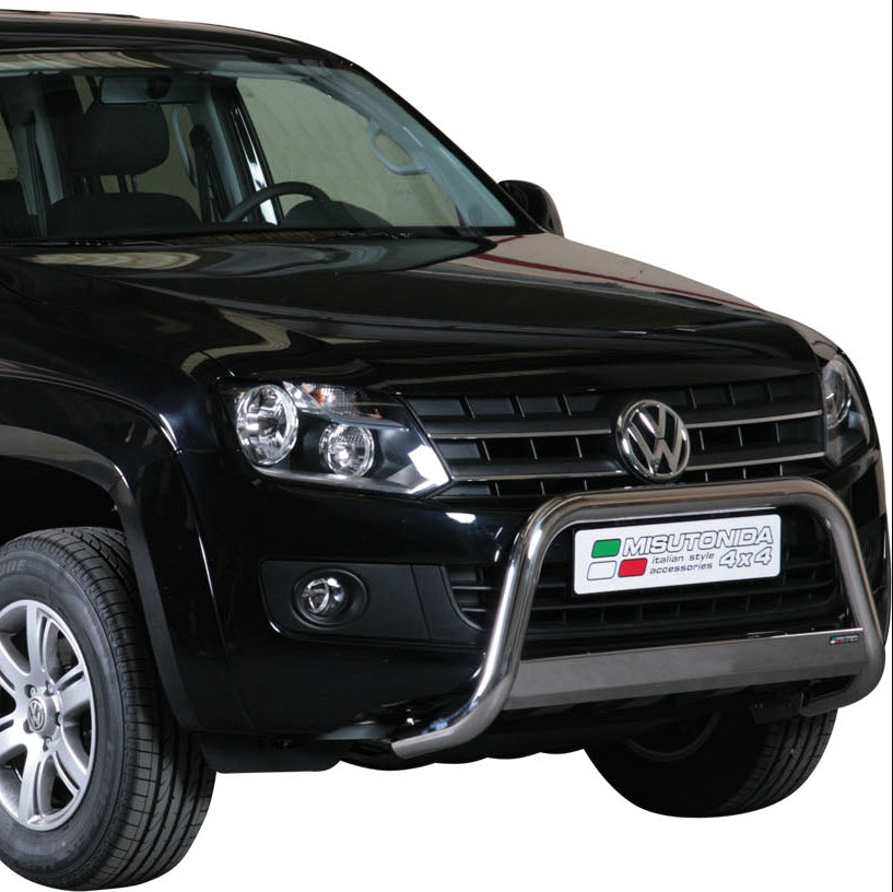 A black Volkswagen Amarok double cab pickup truck with a silver bull bar and chrome wheels, shown from a three-quarter front angle on a white background.