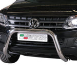 Load image into Gallery viewer, A polished chrome bull bar front bumper guard installed on a black Volkswagen SUV, shown against a plain white background.