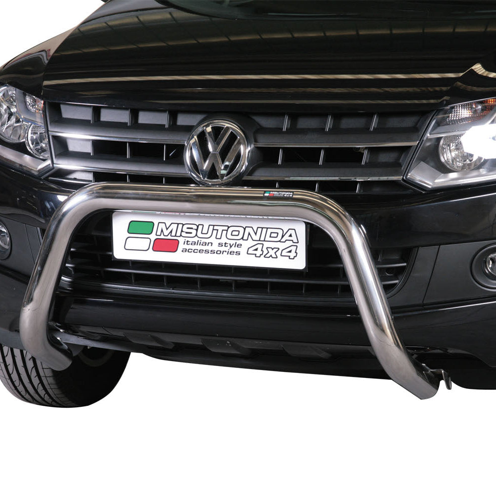 A polished chrome bull bar front bumper guard installed on a black Volkswagen SUV, shown against a plain white background.