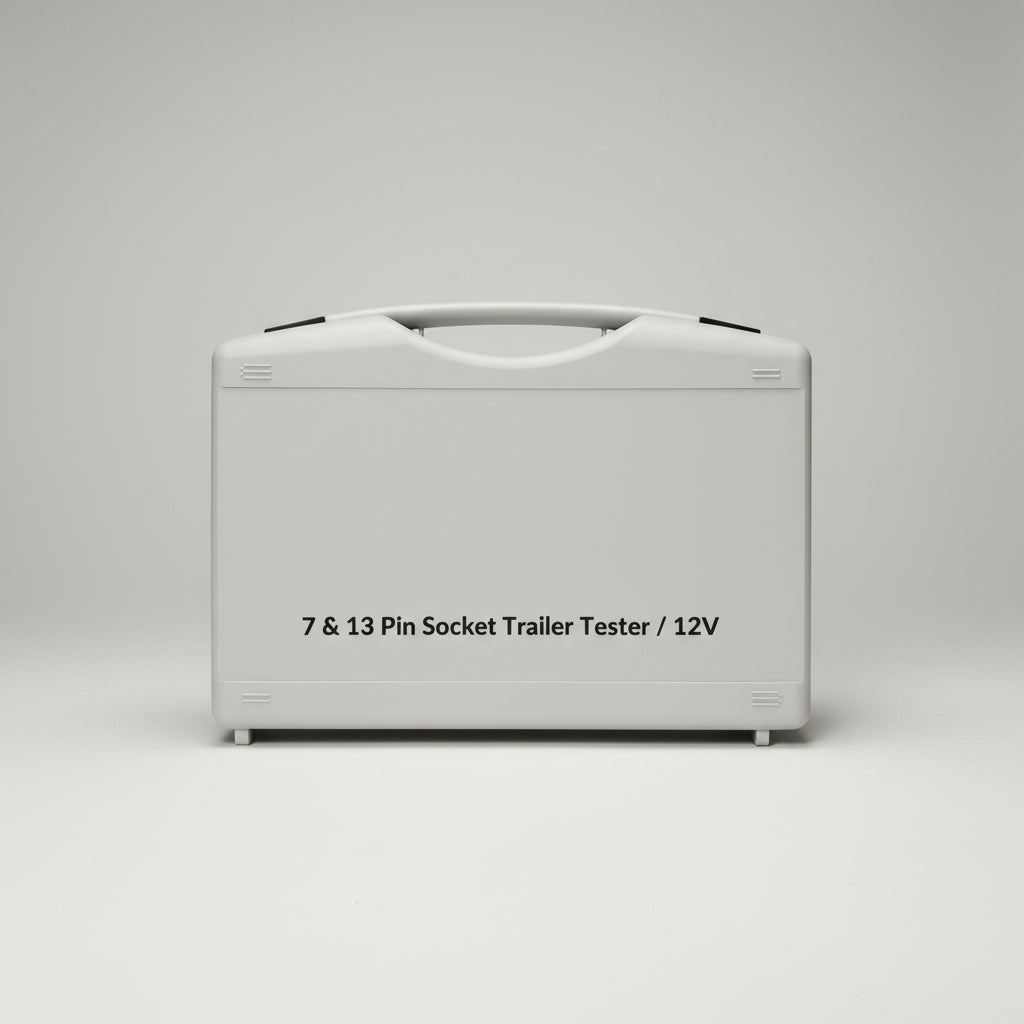 A white plastic carrying case for a 7 & 13 Pin Socket Trailer Tester / 12V