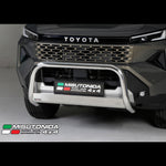 Load image into Gallery viewer, A close-up of the front of a dark gray Toyota 4x4 vehicle showing a polished silver bull bar and a Misutonida 4x4 license plate frame. The Misutonida logo is also visible as an overlay in the bottom-left corner.