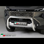 Load image into Gallery viewer, A Misutonida Italian Style 4x4 chrome bull bar front bumper guard installed on a dark gray Toyota Hilux Travo 4x4 vehicle, shown from the front in a studio setting.