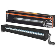 A long black LED off-road light bar with silver reflectors and a mounting bracket, shown below its black and orange retail packaging box on a white background.