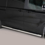 Load image into Gallery viewer, A black van with a long silver chrome side step running along the lower side of the door, shown against a plain light gray studio background.