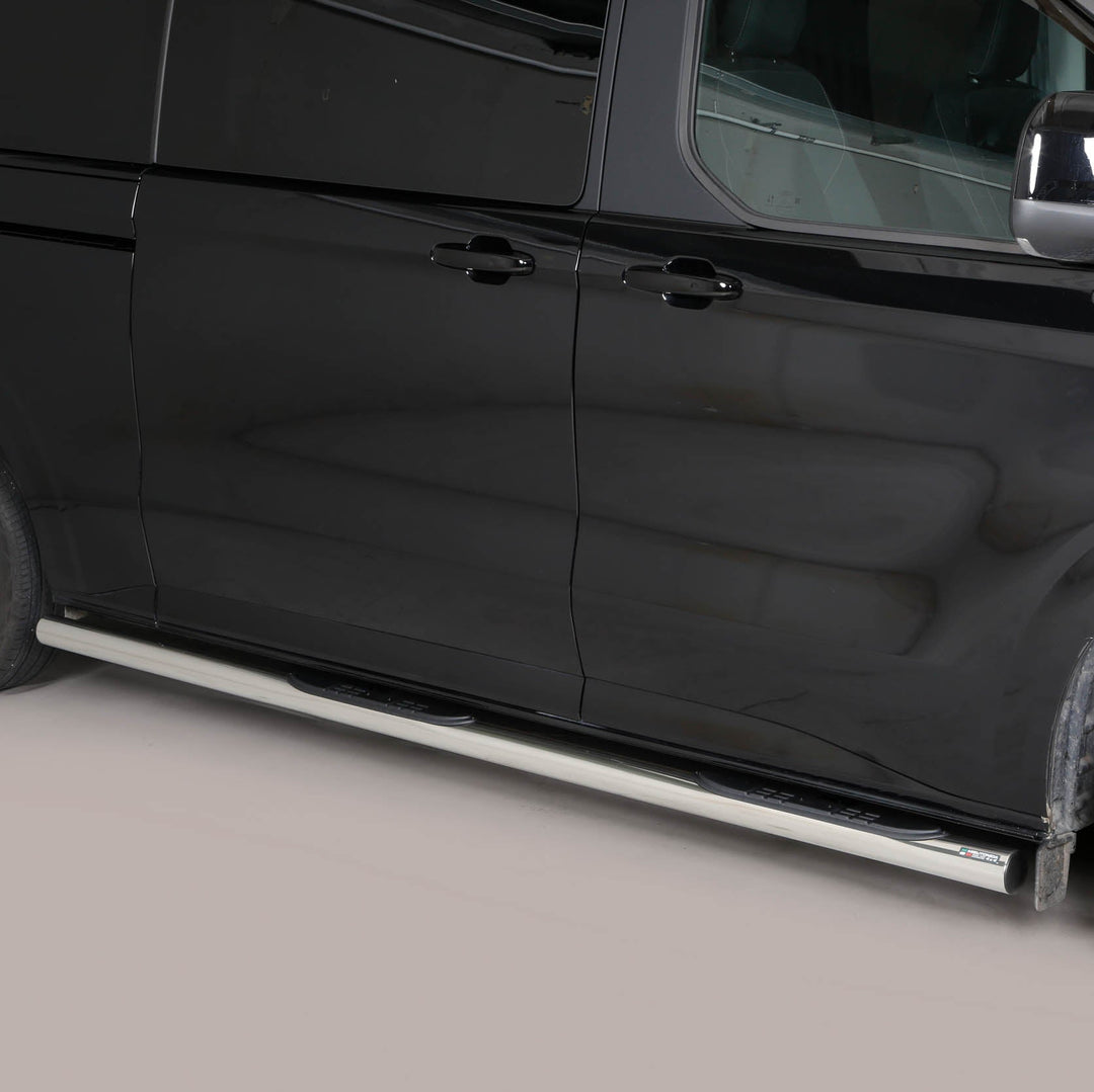 A black van with a long silver chrome side step running along the lower side of the door, shown against a plain light gray studio background.