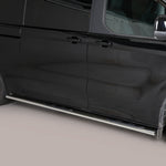 Load image into Gallery viewer, A black side view of a minivan with chrome wheels and a black side step bar installed along the lower side door.
