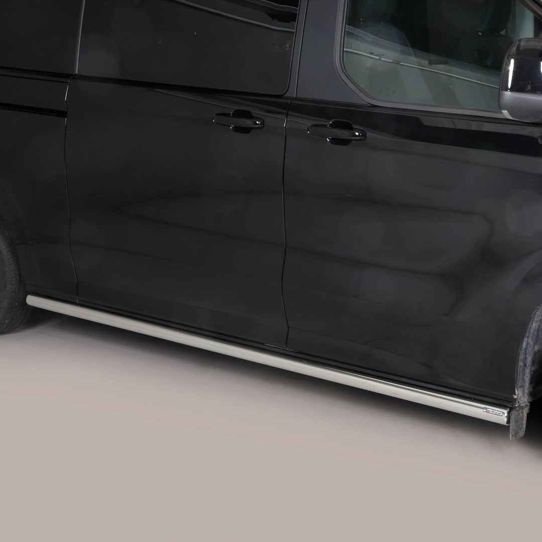 A black minivan shown from a side-rear angle, featuring a prominent silver chrome side step running along the lower side of the vehicle door.