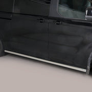 A black minivan shown from a side-rear angle, featuring a prominent silver chrome side step running along the lower side of the vehicle door.