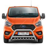 Load image into Gallery viewer, Front view of an orange Ford Transit van with a silver bull bar and a license plate reading STEELER, isolated on a white background.