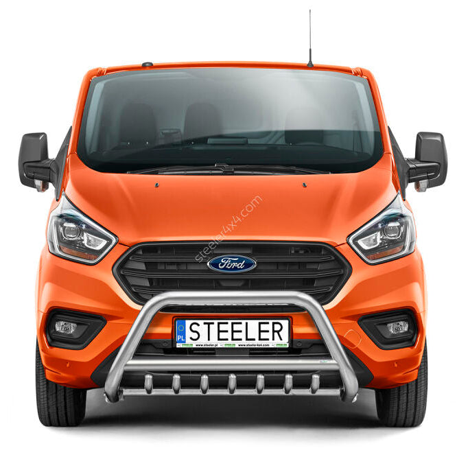 Front view of an orange Ford Transit van with a silver bull bar and a license plate reading STEELER, isolated on a white background.