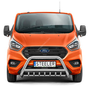 Front view of an orange Ford Transit van with a silver bull bar and a license plate reading STEELER, isolated on a white background.