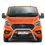 Load image into Gallery viewer, Front view of an orange Ford Transit van with a black front grille, silver bull bar, and a license plate reading STEELER, isolated on a white background.