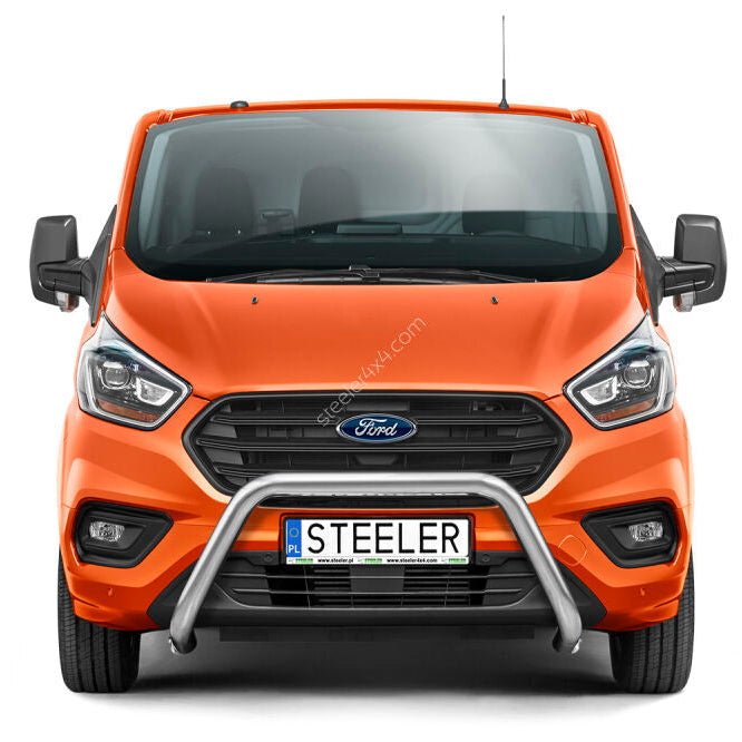 Front view of an orange Ford Transit van with a black front grille, silver bull bar, and a license plate reading STEELER, isolated on a white background.