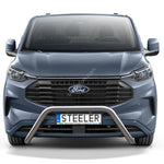 Load image into Gallery viewer, A front-facing view of a metallic blue-gray Ford vehicle with a chrome bull bar and a license plate reading STEELER, isolated on a white background.