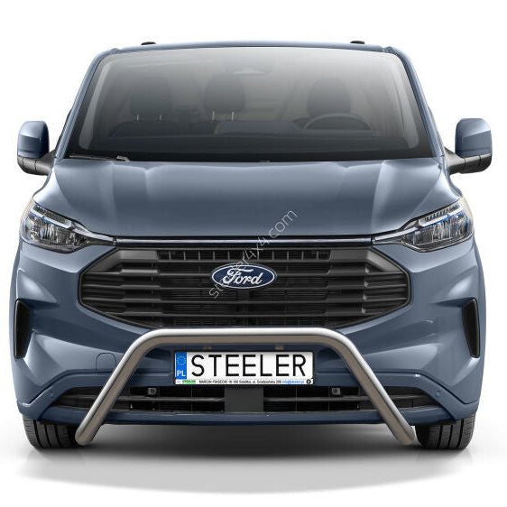A front-facing view of a metallic blue-gray Ford vehicle with a chrome bull bar and a license plate reading STEELER, isolated on a white background.