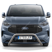 A front-facing view of a metallic blue-gray Ford vehicle with a chrome bull bar and a license plate reading STEELER, isolated on a white background.
