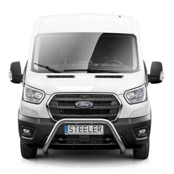 White Ford van with 'Steeler' U-bar front protection bull bar 