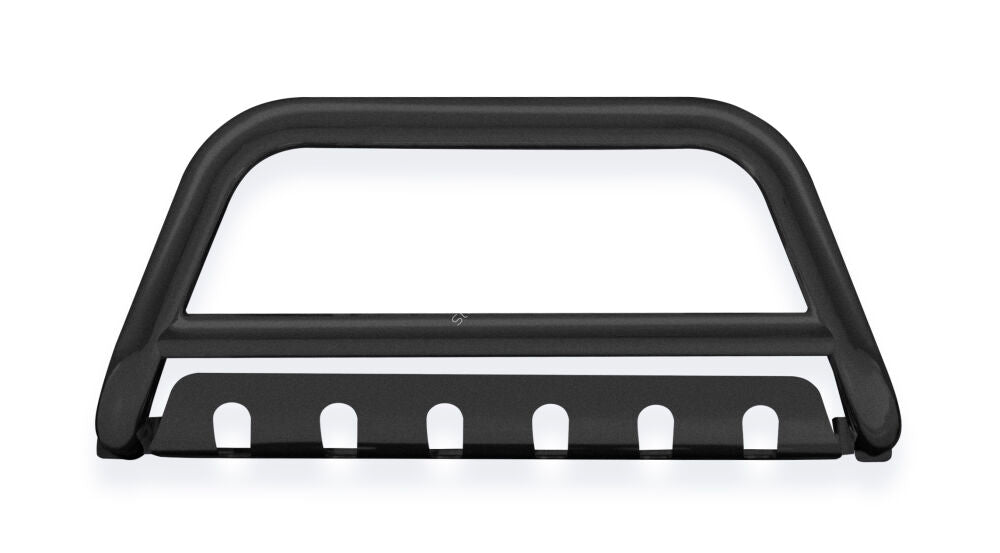 A black metal front bumper bull bar with a horizontal crossbar and mounting slots, shown on a plain white background.