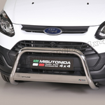 Load image into Gallery viewer, A Misutonida 4x4 stainless steel bull bar mounted on the front bumper of a white Ford Transit van, shown against a neutral gray studio background.