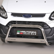 A Misutonida 4x4 stainless steel bull bar mounted on the front bumper of a white Ford Transit van, shown against a neutral gray studio background.