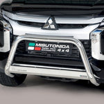 Load image into Gallery viewer, A close-up of a black Mitsubishi vehicle front grille with a polished silver Misutonida bull bar mounted below the grille.