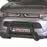 Load image into Gallery viewer, Black Misutonida  front bumper guard installed on the front bumper of a silver Mitsubishi Outlander , shown against a white background.