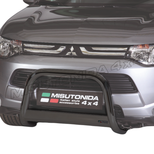 Black Misutonida  front bumper guard installed on the front bumper of a silver Mitsubishi Outlander , shown against a white background.