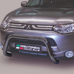 Load image into Gallery viewer, A black Misutonida bull bar front bumper guard installed on the front bumper of a silver Mitsubishi Pajero 4x4, shown against a neutral studio background.