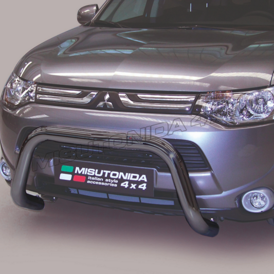 A black Misutonida bull bar front bumper guard installed on the front bumper of a silver Mitsubishi Pajero 4x4, shown against a neutral studio background.