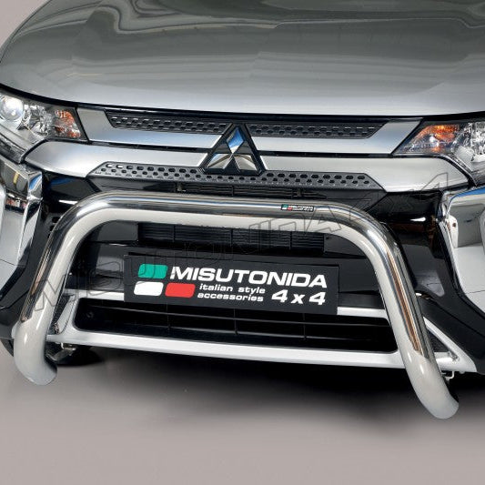 A silver Misutonida 4x4 front bumper bull bar mounted on the front bumper of a gray Mitsubishi vehicle, shown against a neutral studio background.