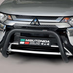 Load image into Gallery viewer, A close-up of the front bumper area of a silver Mitsubishi vehicle, showing a black Misutonida bull bar mounted across the front. The Mitsubishi logo is visible on the grille, and a Misutonida badge is attached to the bull bar.