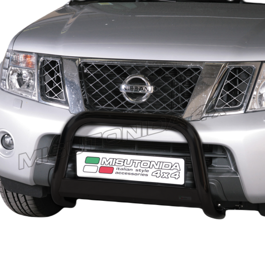 A silver Nissan pickup truck shown from the front, fitted with a black metal bull bar on the front bumper. A license plate frame reading 'MISUTONDA 4x4' is mounted on the bar.