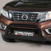 Close-up front view of a metallic brown Nissan pickup truck with a black Misutonida bull bar and front bumper guard on a neutral studio background.