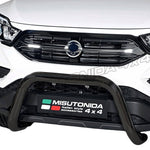 Load image into Gallery viewer, A black Misutonida front bull bar guard installed on the front bumper of a white SUV, shown against a white background.