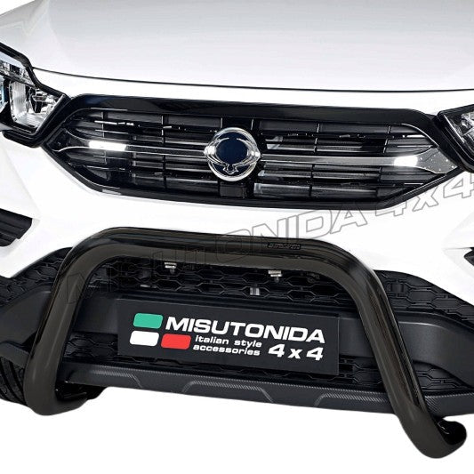 A black Misutonida front bull bar guard installed on the front bumper of a white SUV, shown against a white background.
