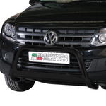 Load image into Gallery viewer, Black metal front bumper guard bull bar installed on a black Volkswagen pickup truck, shown against a white background.