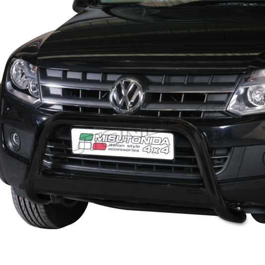 Black metal front bumper guard bull bar installed on a black Volkswagen pickup truck, shown against a white background.