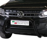 Load image into Gallery viewer, Black metal front bumper guard bull bar installed on a black Volkswagen Transporter 4x4, featuring a Misutonida badge on the license plate frame, isolated on a white background.