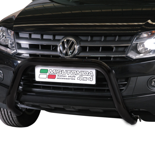 Black metal front bumper guard bull bar installed on a black Volkswagen Transporter 4x4, featuring a Misutonida badge on the license plate frame, isolated on a white background.