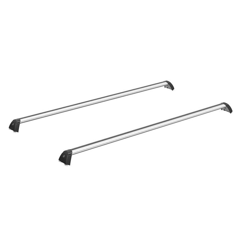 A pair of silver roof-mounted cargo bars Moutain Top for a roller shutter, designed for carrying items on the roof.